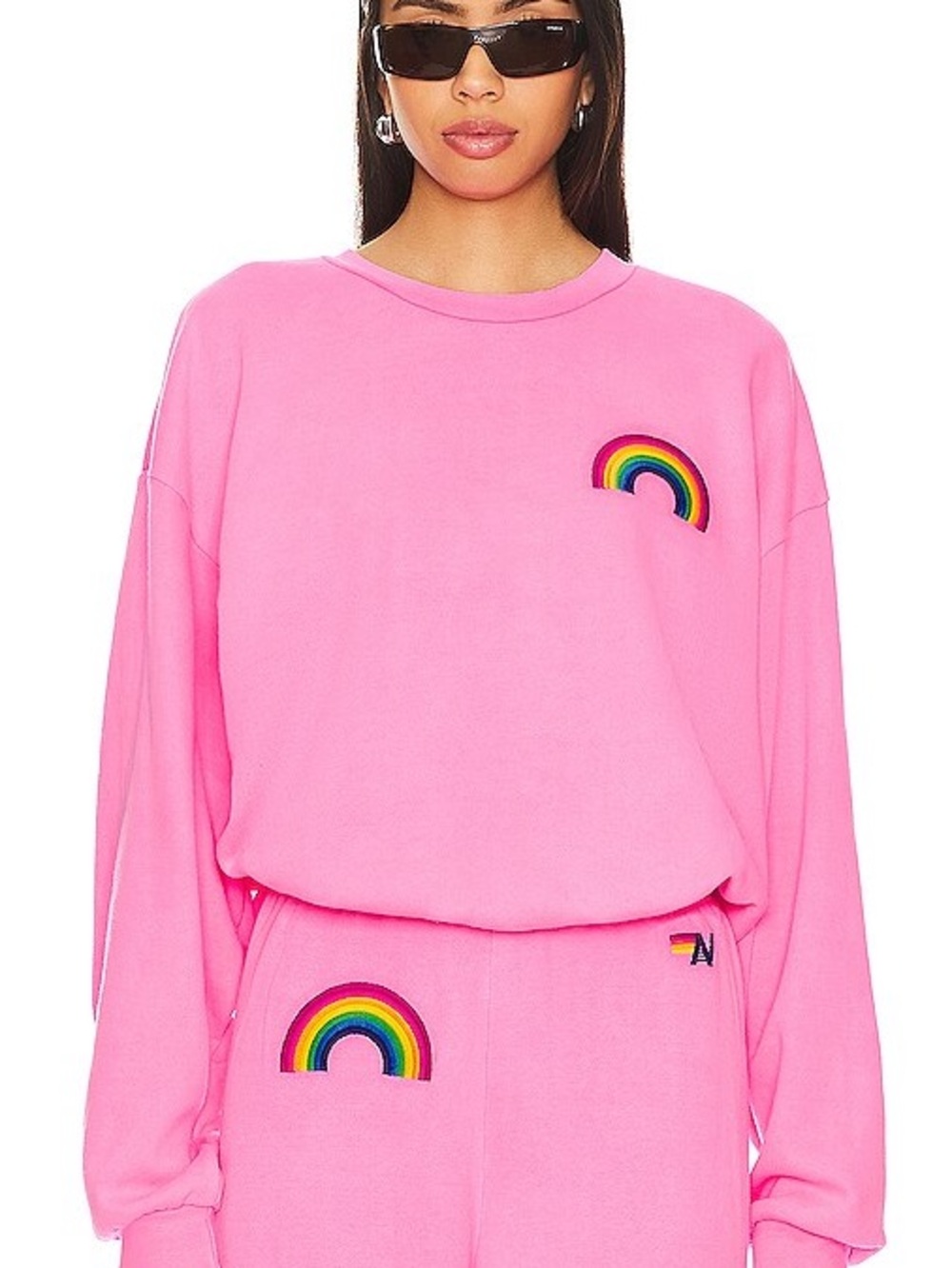 Aviator Nation SET- Hot Pink Embroider Rainbow  sweatpants and sweatshirt